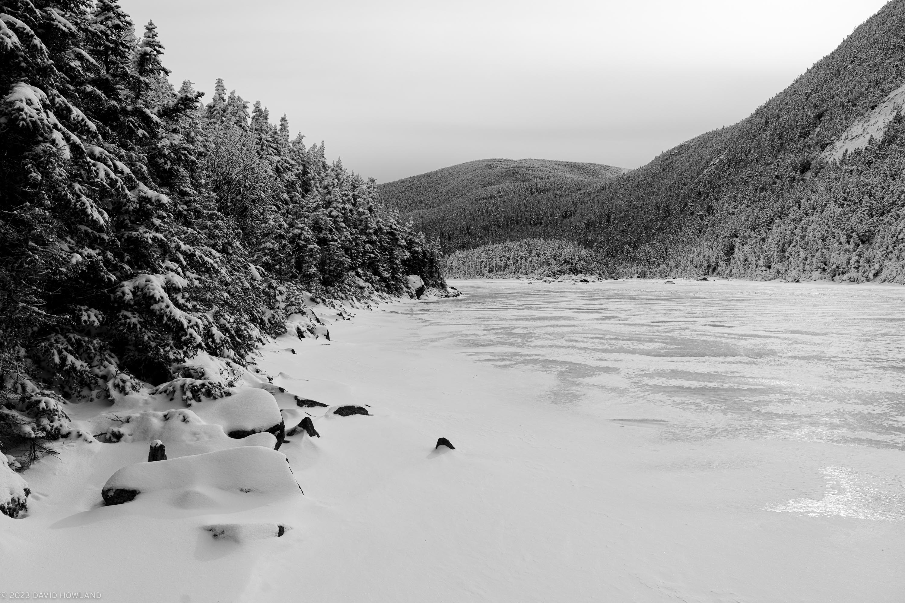 A black and white photo of snow and ice covered trees on the slopes of Mount Kinsman over the frozen surface of Kinsman Pond in New Hampshire.