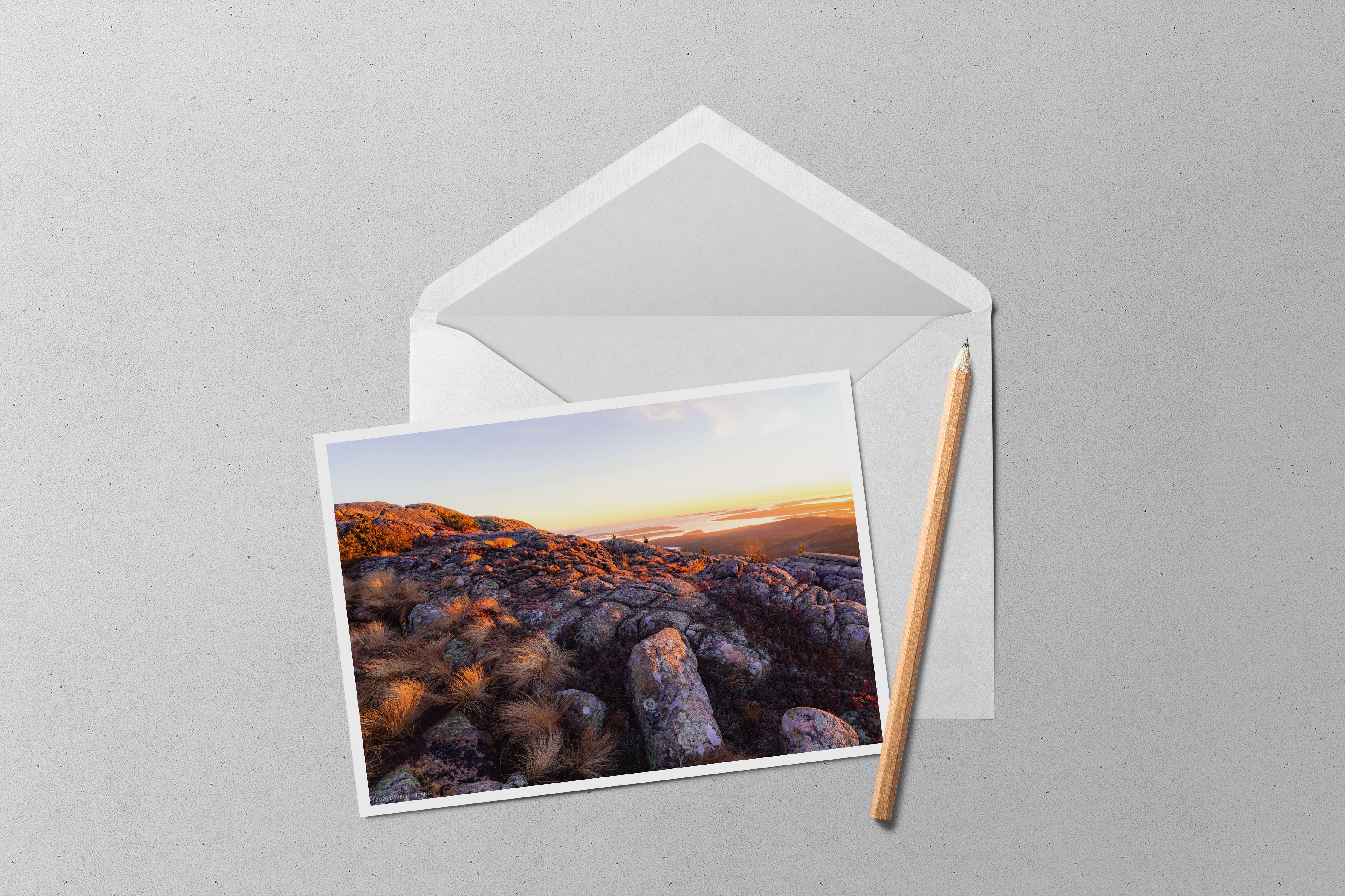 A stunning golden-hour landscape photograph captures Pemetic Mountain in Acadia National Park at sunset, where textured granite rocks and tufts of amber grasses in the foreground are bathed in warm orange light, while the vast panorama beyond reveals a tranquil patchwork of islands, bays, and distant hills dissolving into a soft pastel horizon where land meets sky.